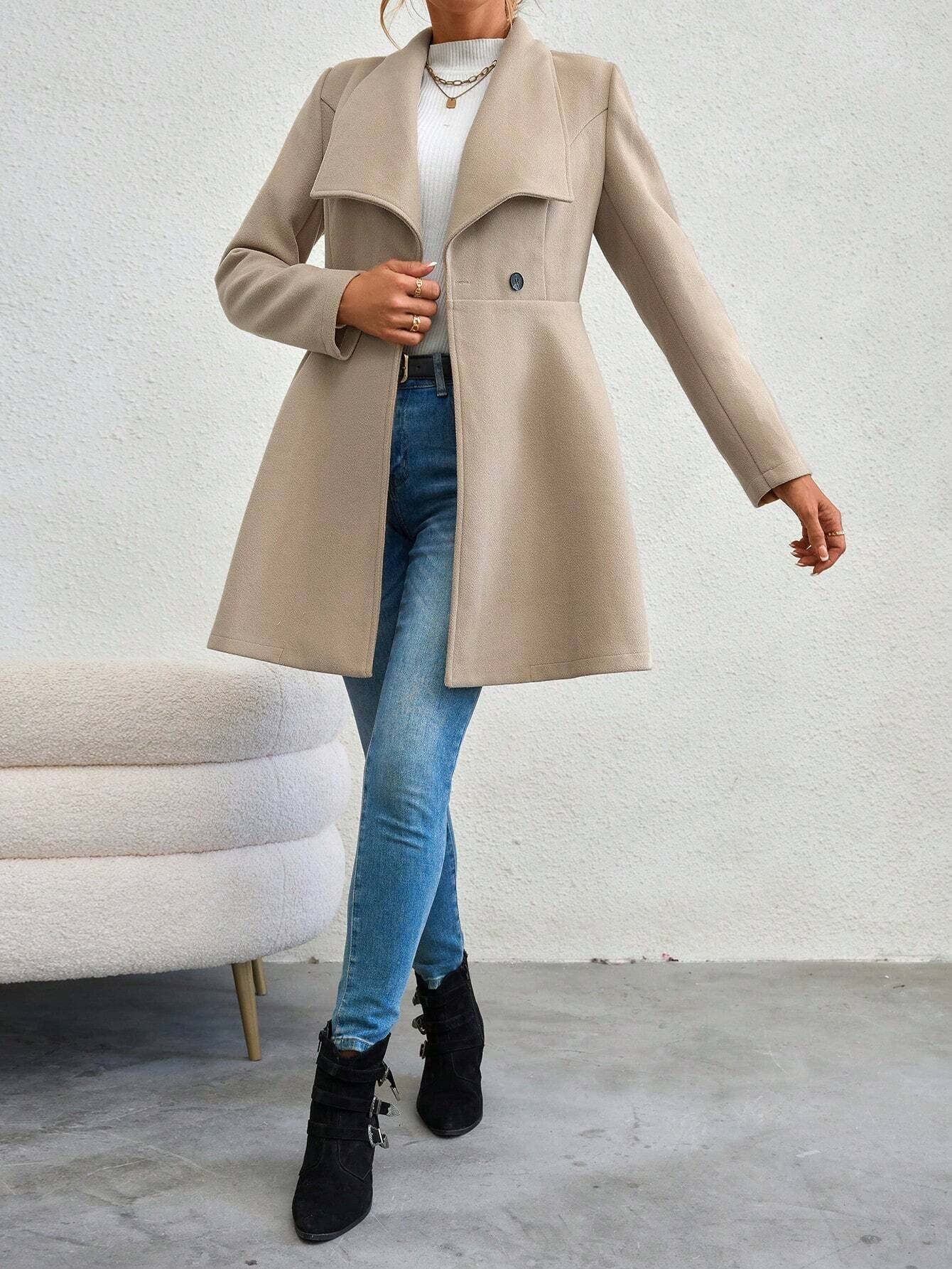 Flirla Waterfall Collar Double Button Overcoat