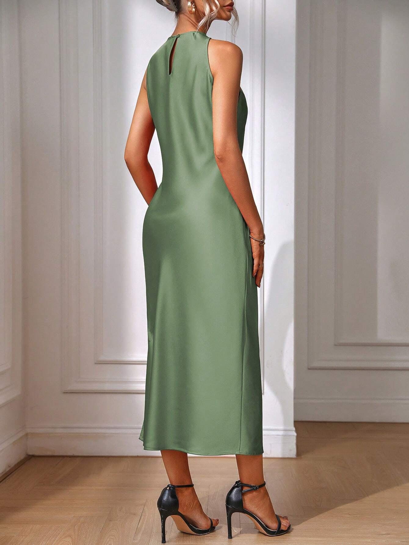 EMERY ROSE Solid Split Thigh Dress Maxi Women Outfit Sage Green Dress Elegantsilk Dress Formal