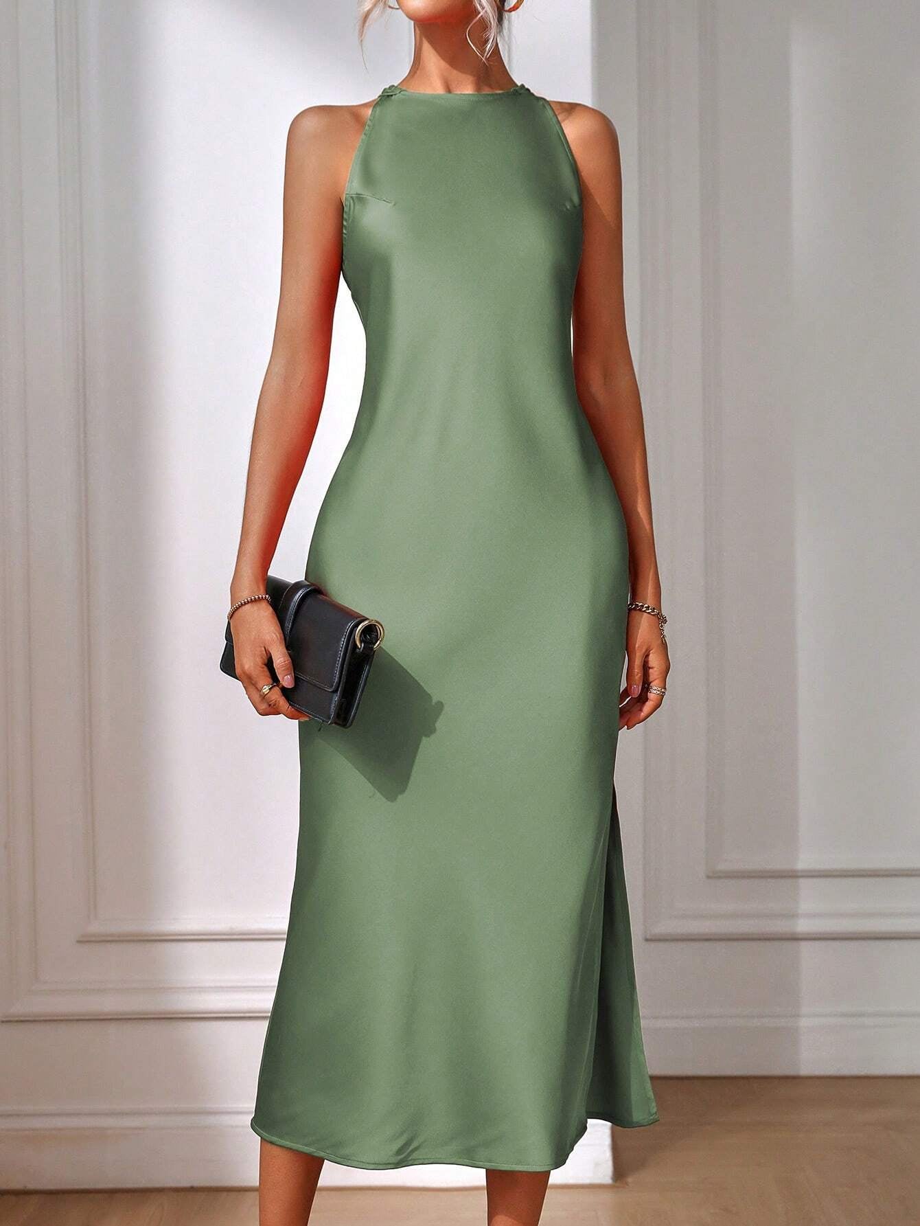 EMERY ROSE Solid Split Thigh Dress Maxi Women Outfit Sage Green Dress Elegantsilk Dress Formal